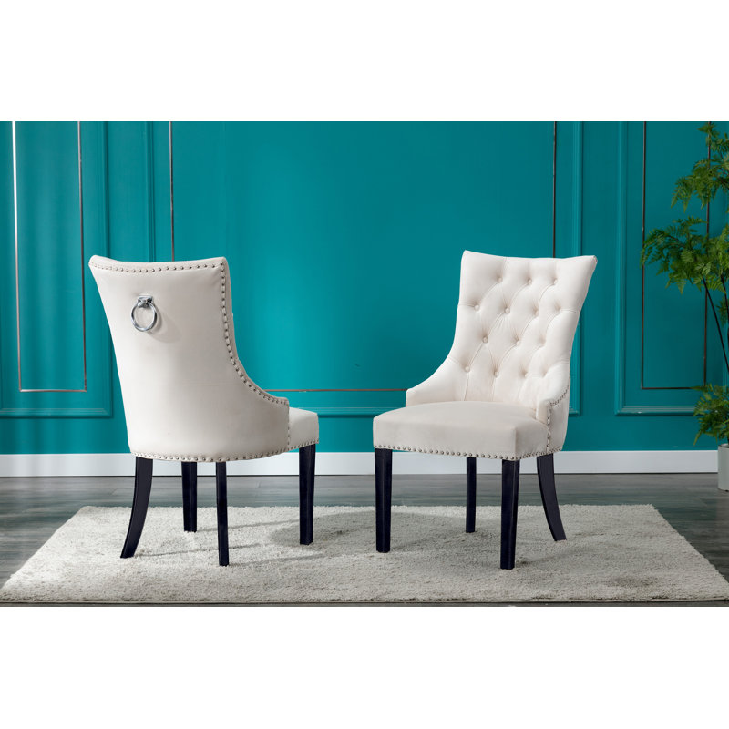 Dejavu Tufted Velvet Dining Chair with Rubberwood Legs, Cream Velvet