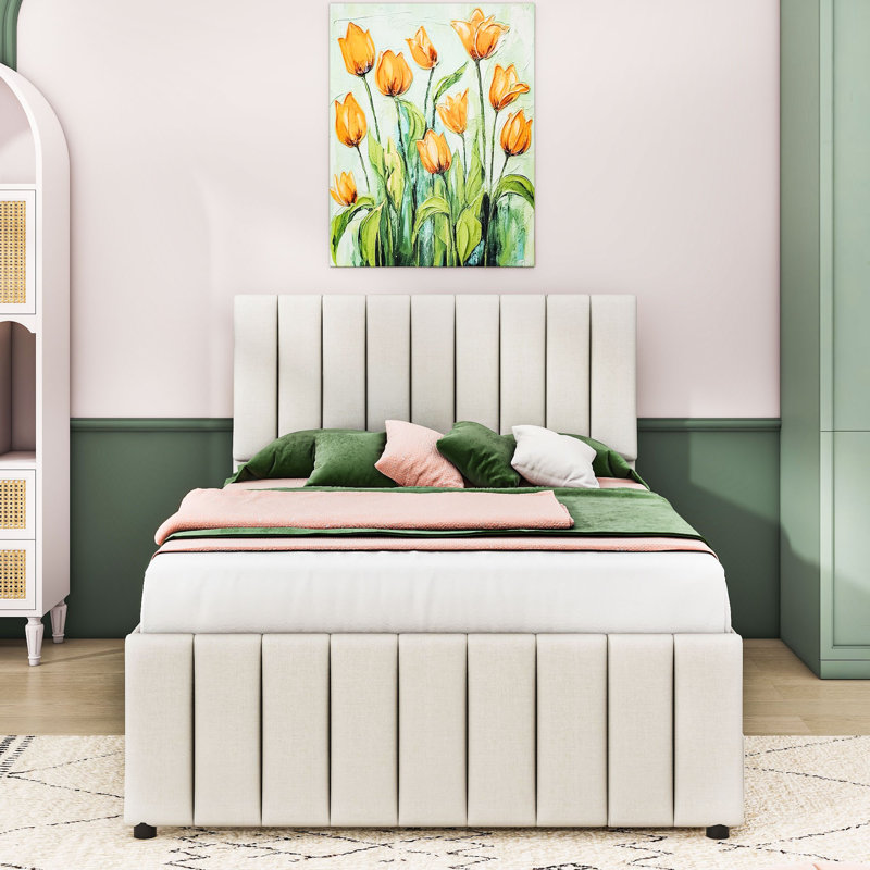 Upholstered Platform Bed with Twin Trundle and 3 Storage Drawers, Beige, Double