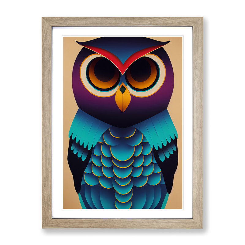 Colourful Owl No.5 Abstract - Single Picture Frame Print, 34cm H x 25cm W x 2cm D, Oak