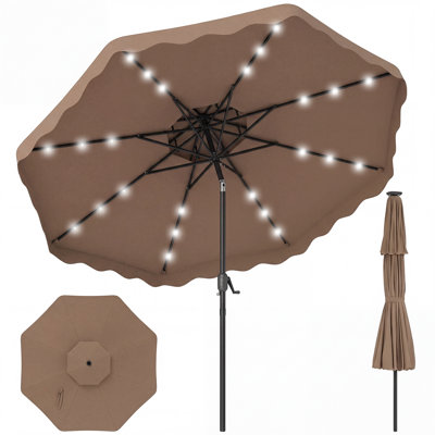 9 FT Solar LED Patio Umbrella, Push-Button Tilt & Crank, 24 LED Lights & 8 Ribs Beige