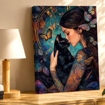Femme tenant un chat, papillons, impression d'art mural sur toile céleste, portrait de fantaisie noire, décoration pour salon, chambre à coucher, bureau, couloir et appartement