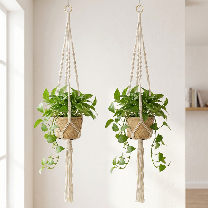 Ensemble de 2 jardinières suspendues bohémiennes, pots à fleurs 5 x 5 x 4,5 pouces avec support en coton, décoration murale et de plafond style bohème pour plantes d'intérieur
