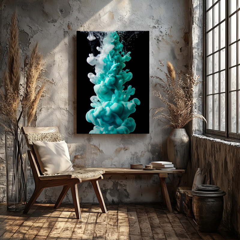 Toile, composition verticale envoûtante avec turquoise tourbillonnant et art mural blanc fluide entrecoupé de bulles délicates