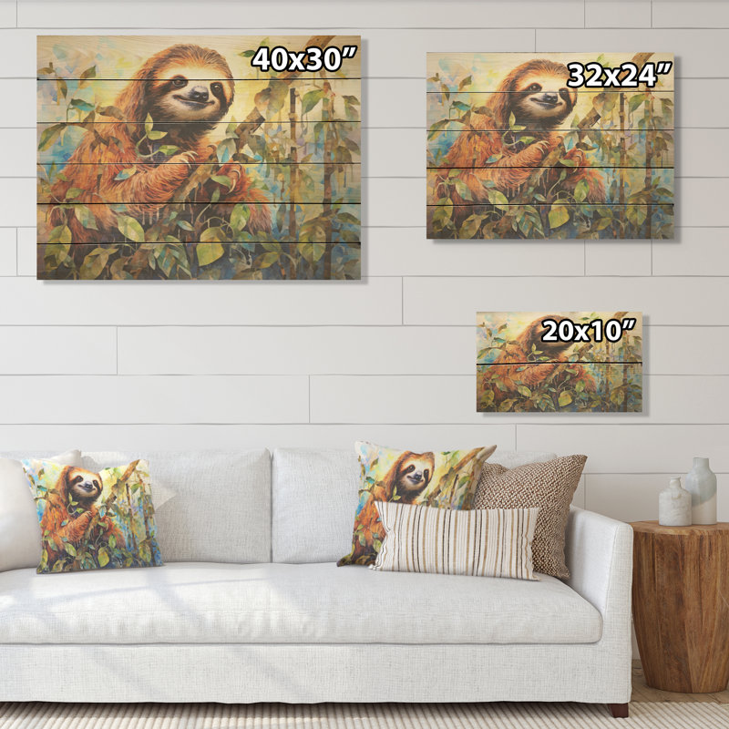 Art paresseux sur bois de pin naturel, H 30 po x l 40 po