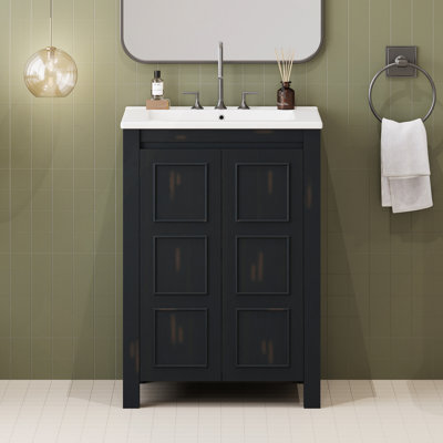 Petit ensemble de meuble-lavabo de style rétro avec lavabo en céramique 24 po x 18 po x 34 po Es, 2 portes à fermeture en douceur