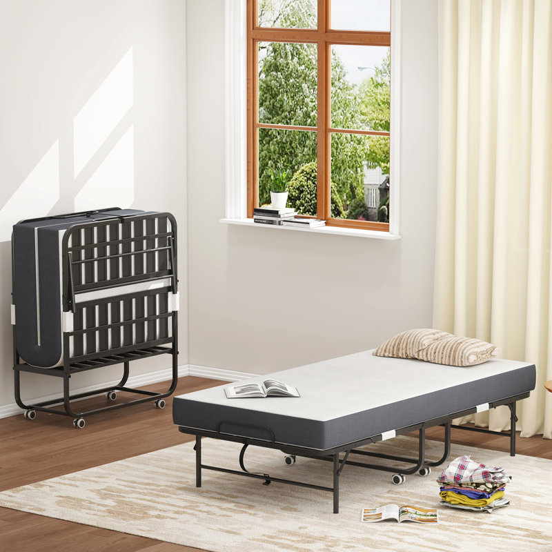 3.7" Memory Foam Mattress Twin Folding Bed - Portable For Small Spaces, Metal Frame, 75" X 38", Easy Assembly With Comfortable Sponge Extra Guests, 38
