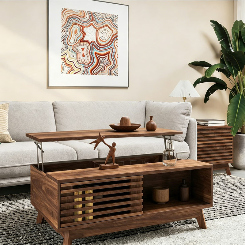 Lift Top Coffee Table with Storage, Mid Century Modern 35.4'' Walnut Coffee Table Sliding Barn Door, Hidden Compartment, Scratch-Resistant Surface, Brown