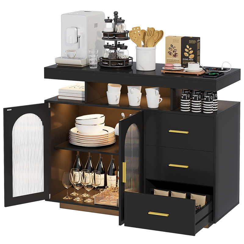 Katracy 39.37'' Sideboard Cabinet with RGB LED Lights, Wireless Charging, USB Ports & Motion Sensor, Black
