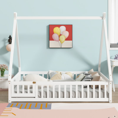 Full Size Rubber Wood Tent-Shaped Floor Bed,With Guardrails,Slats And Door,White