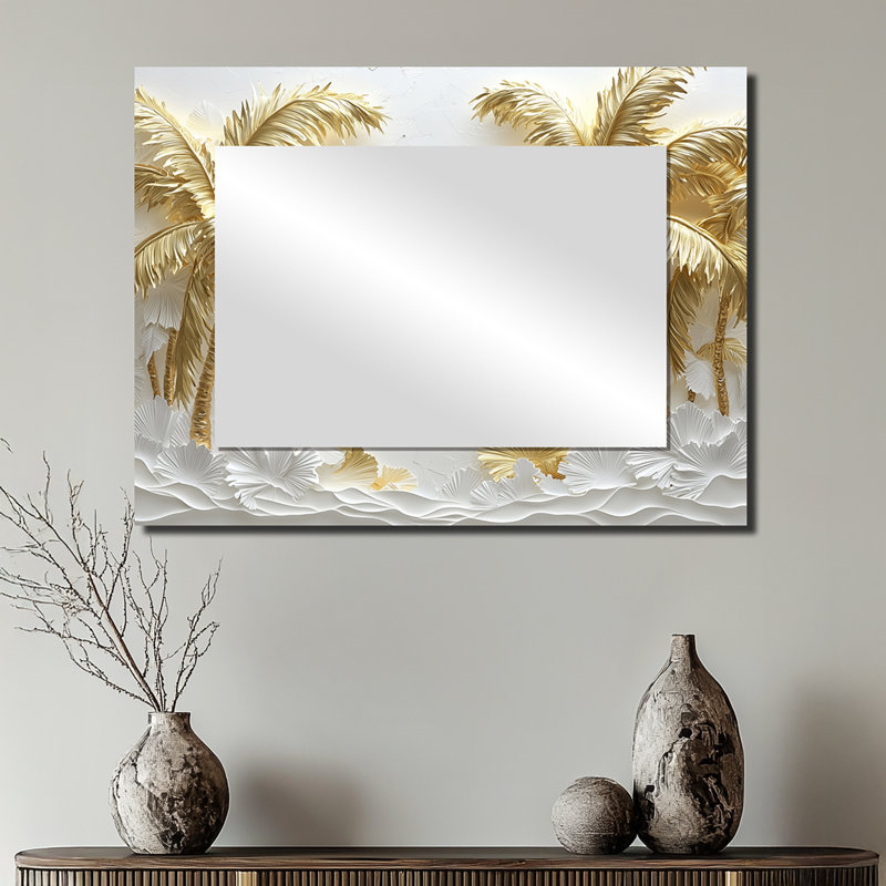 Golden Cream Palms On The Beach II - Traditional Mirror For Wall Art Decor - Printed On Metal, 24" x 32"