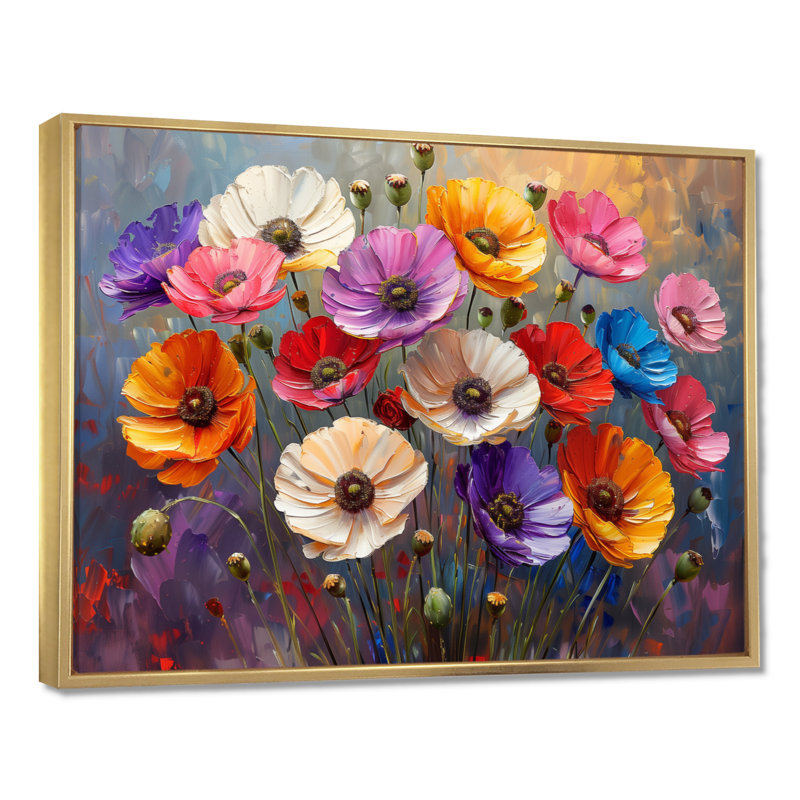 Bouquet rayonnant rose coquelicots rouges - coquelicots, Toile avec cadre flottant or, H 12 po x l 20 po x P 1 po