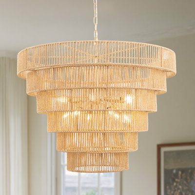 12 - Light Dimmable Hand-Woven Rattan Tiered Chandelier Boho Pendant Lighting