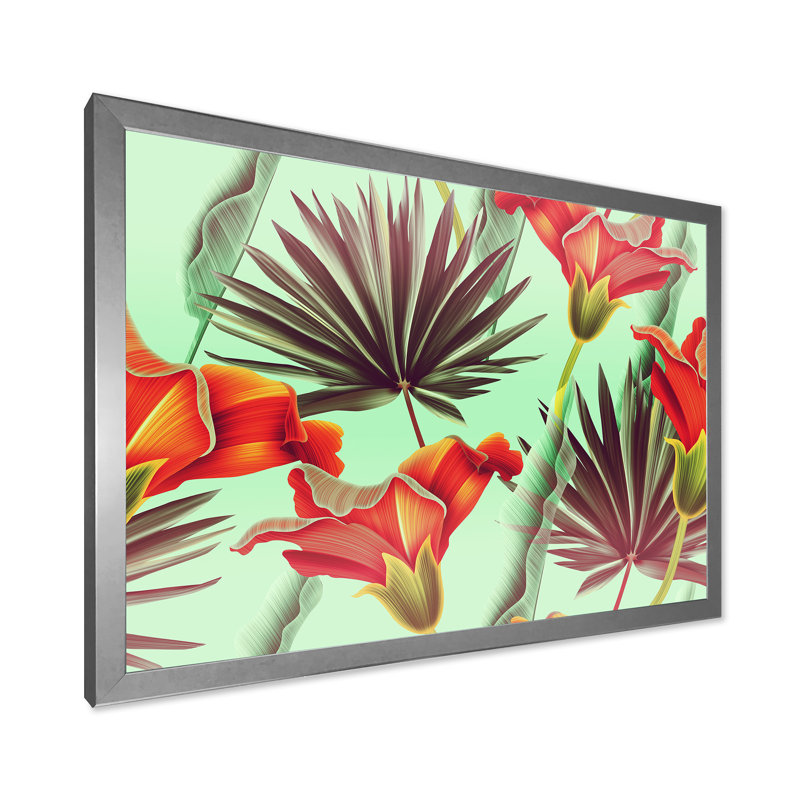 Fleurs tropicales rétro - impression sur toile, H 30 po x l 40 po x 1,5 po, Cadre photo argenté