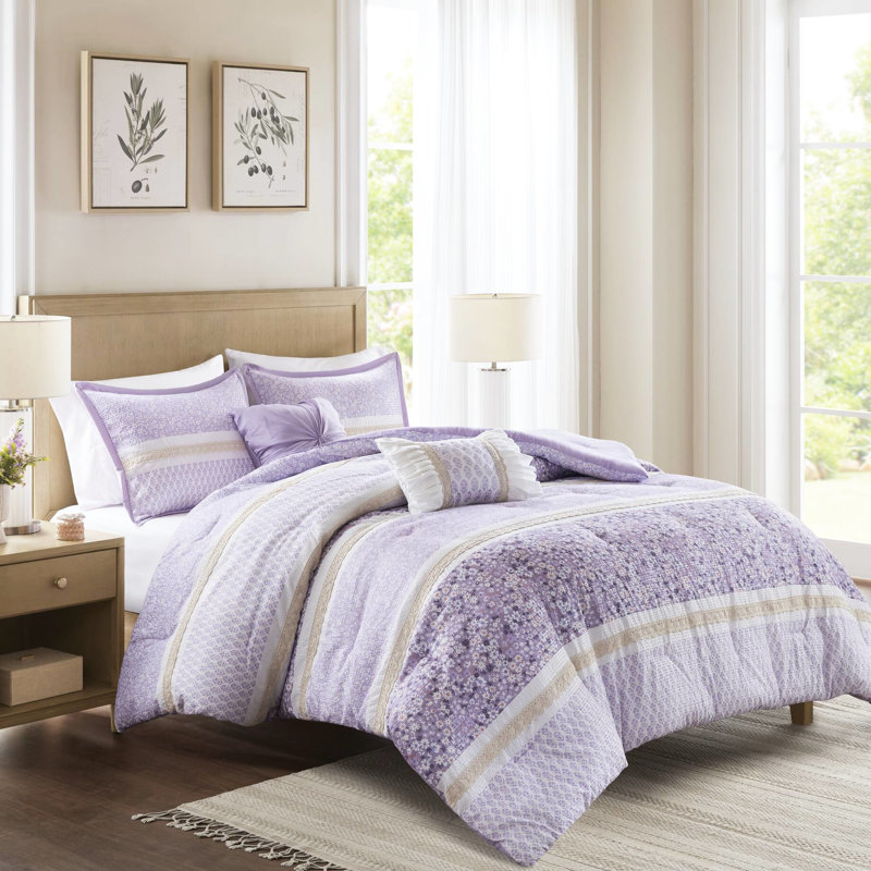Édredon très grand / très grand seersucker avec 2 taies décoratives et coussins décoratifs - Microfibre, style chic décontracté avec des volants en dentelle à motif floral, rembourrage, nettoyage des taches, emballage comprimé, pelucheux, vapeur