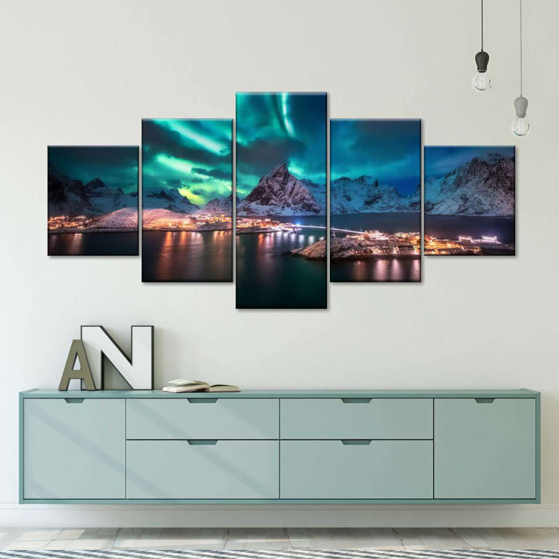 Lofoten Night Northern Lights - 5 pièces sur toile tendue, H 34 po x l 74 po x P 1,25 po