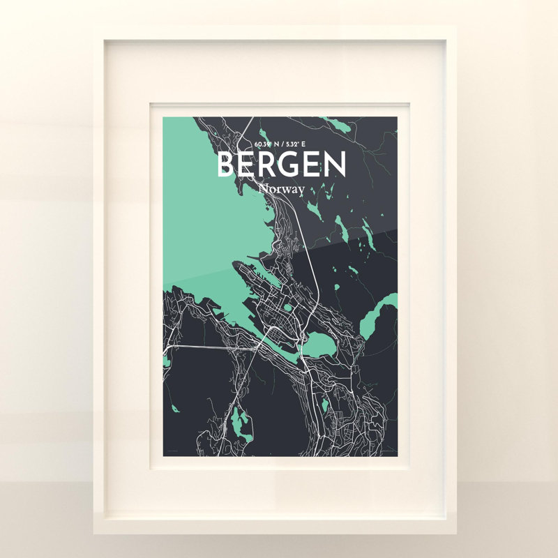 Bergen City Map, impression, H 24 po x l 18 po, Vert/gris