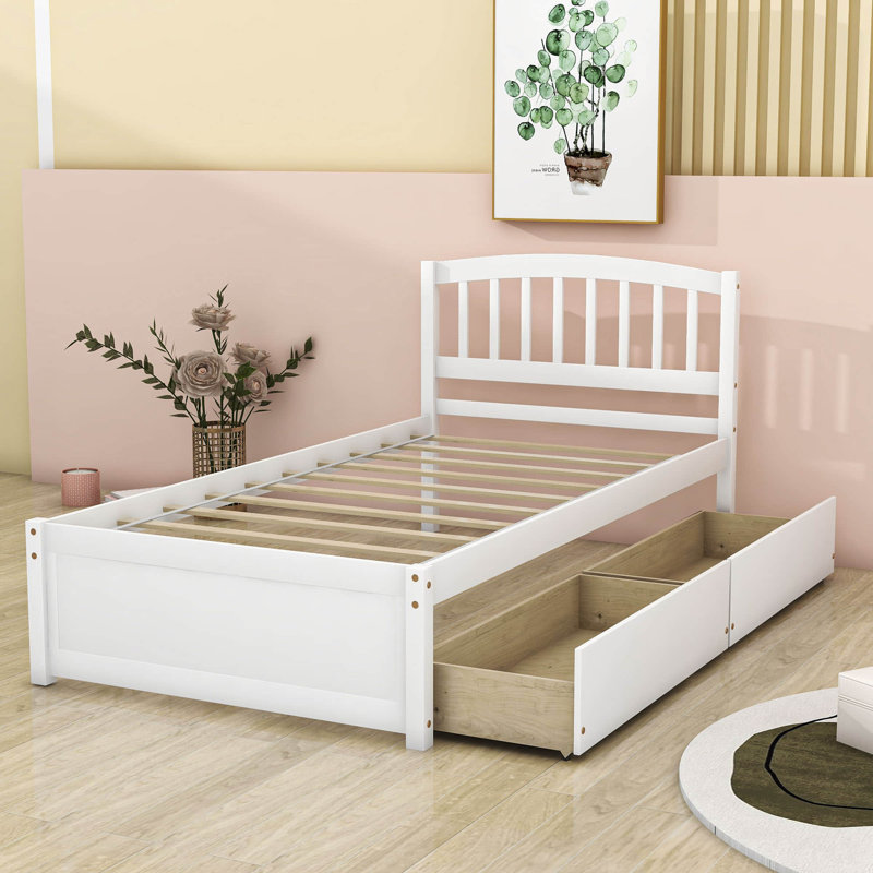 Twin Storage Platform Bed with Drawers, White