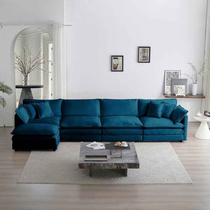 Canapé modulaire modulaire pour le salon, canapé en U convertible 5 places avec 1 repose-pieds, Chenille bleu