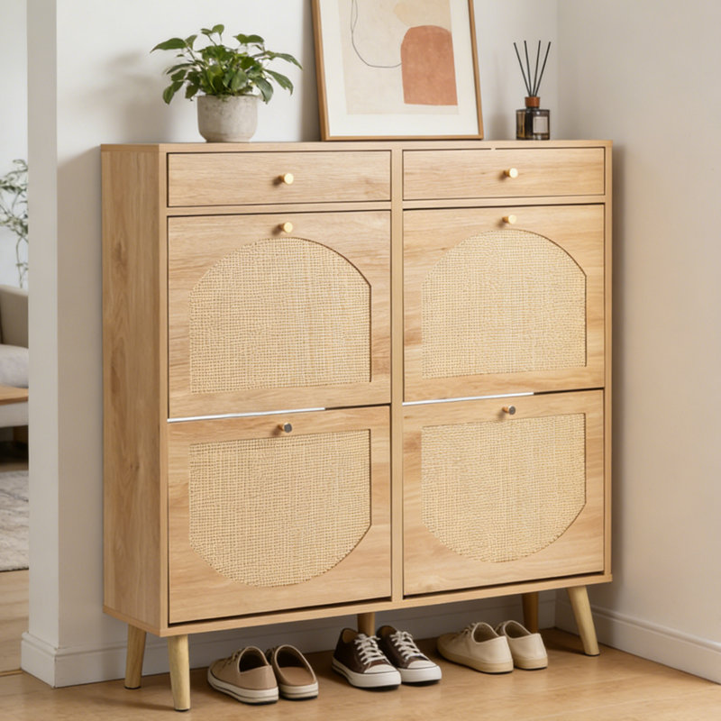 Armoire à chaussures en rotin naturel avec 2 tiroirs et 4 compartiments rabattables, 105 x 24 x 110 cm, solution de rangement pour hall d'entrée