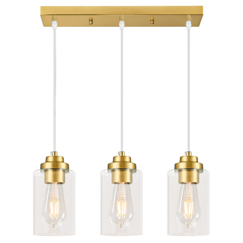 3-Light Industrial Kitchen Island Transparent Glass Pendant Light, Gold