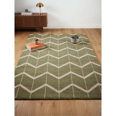 Tapis d'intérieur rectangulaire en laine vert beige, noué à la main, à motif géométrique, fait main