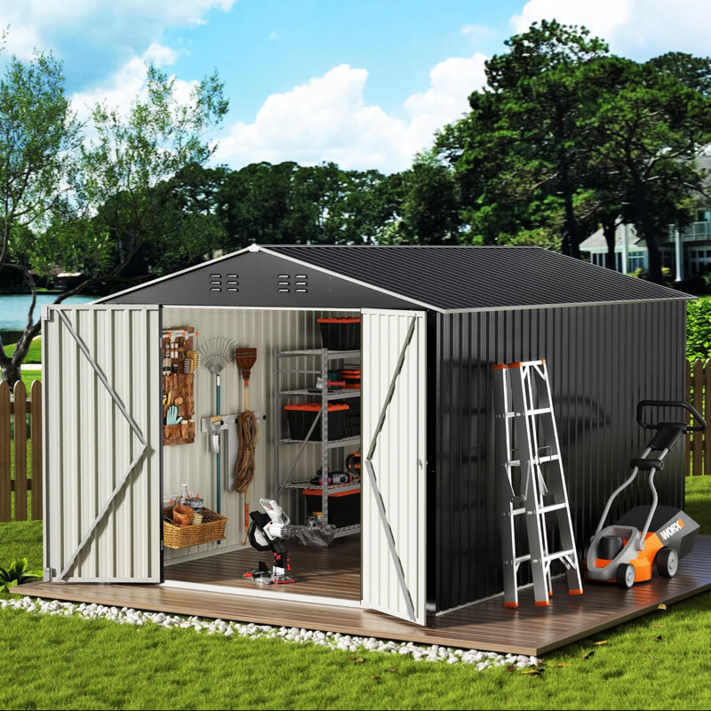 Remise de rangement extérieure en métal l 8 pi x P 12 pi avec structure en acier renforcé, portes verrouillables et évents