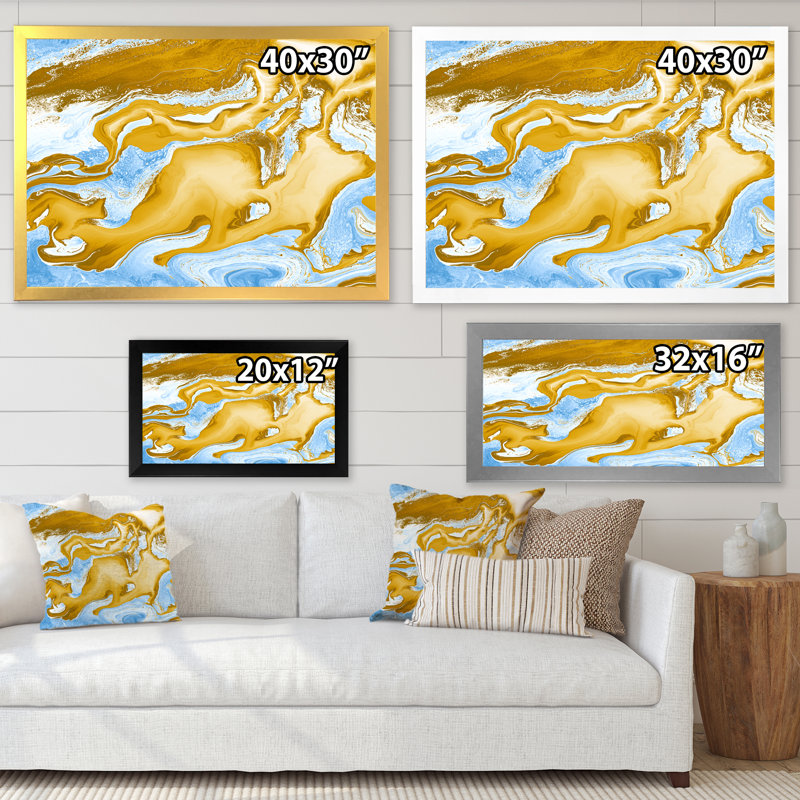 Vagues de marbre bleues et dorées - Peinture sur toile, H 16 po x l 32 po x P 1 po, Cadre photo argenté