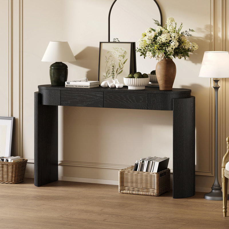 Table d'entrée avec finition grain de bois naturel, console avec conception cannelée, plateau ovale et 2 tiroirs pour l'entrée et le salon