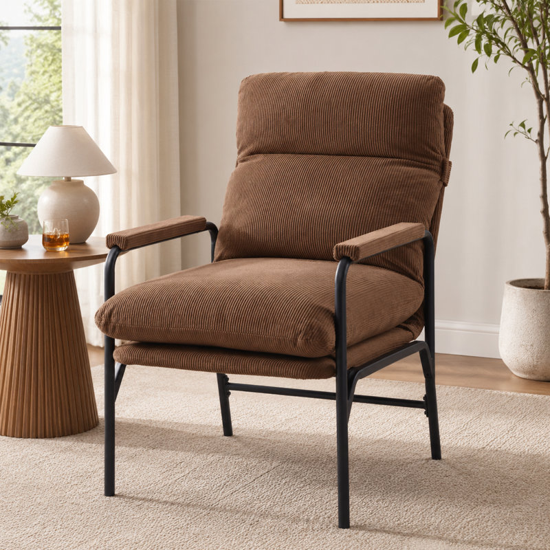 Chaise longue à dossier réglable, inclinable à 3 positions, tissu en velours côtelé, accoudoirs en bois, brun
