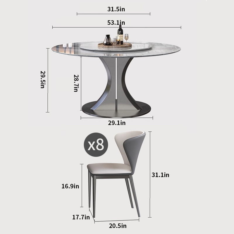 Luxury Round Microlite Stone Dining Table Set, 29.5"H x 53.1"L x 53.1"W