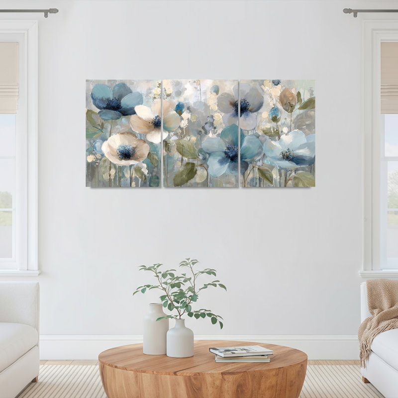 «Blue and Beige», ensemble de 3 reproductions d'art sur toile tendues à l'aquarelle sur toile