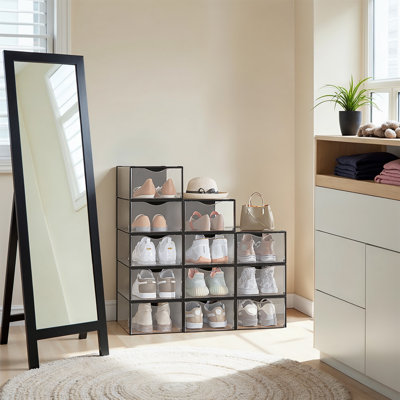 Stackable Shoe Boxes, Set Of 12 Plastic Shoe Organizers, 13.1 X 9.1 X 5.6 Inches, For US Size 11