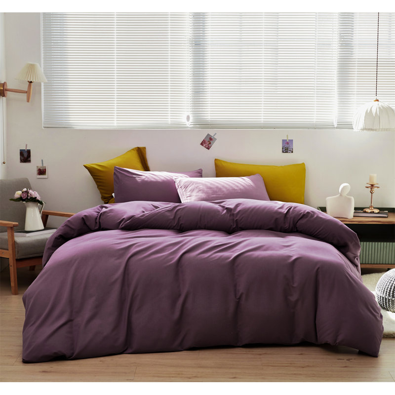 Solid Color Comforter Light Color 3 PCs Bedding Set Pure Color Bed Comforter Set, Purple, King Comforter + 2 Pillowcases