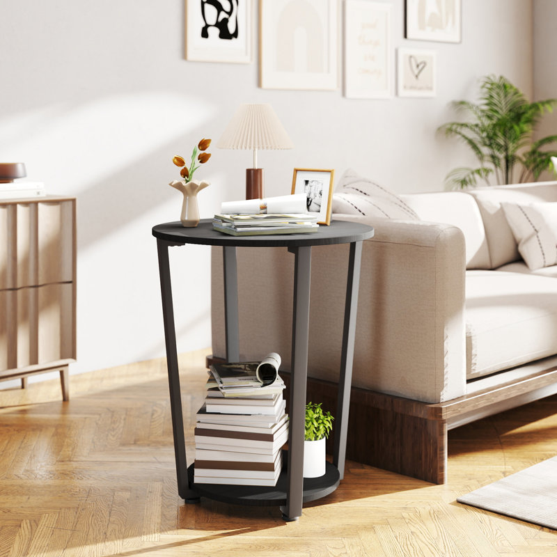 Table d'appoint ronde à 2 niveaux avec 2 rangées de hauteur, plateau en bois avec tablette de rangement, pour salon et chambre à coucher, gris foncé
