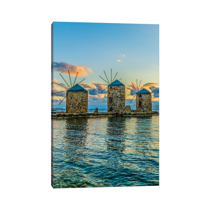 Windmills Of Chios by Nejdet Duzen - Print on Canvas, 66.04cm H x 45.72cm W x 3.81cm D, Wrapped Canvas