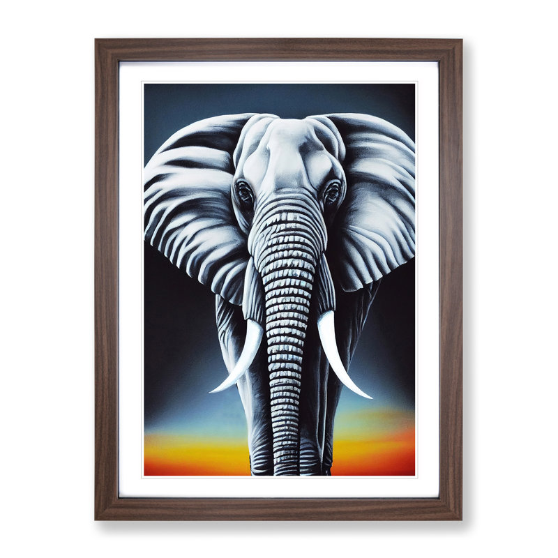 Elephant At Sunset - Single Picture Frame Print, 64cm H x 46cm W x 2cm D, Walnut Framed