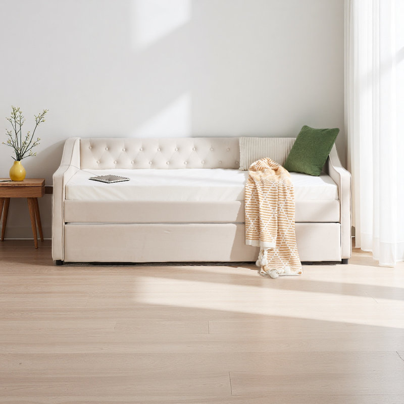 Lit de jour simple rembourré avec couchette, Beige