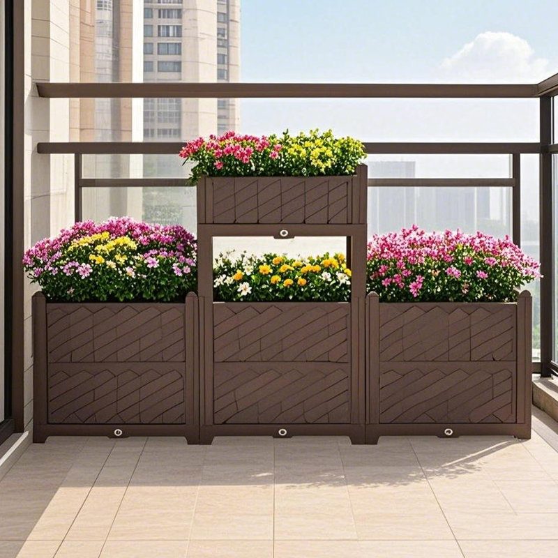 Ensemble de jardin rectangulaire en café - jardinière en polypropylène pour l'intérieur et l'extérieur. Peu encombrant, simple à construire. Plantez des légumes frais, des herbes, des fleurs, des plantes grasses. Préservé. Balcon idéal