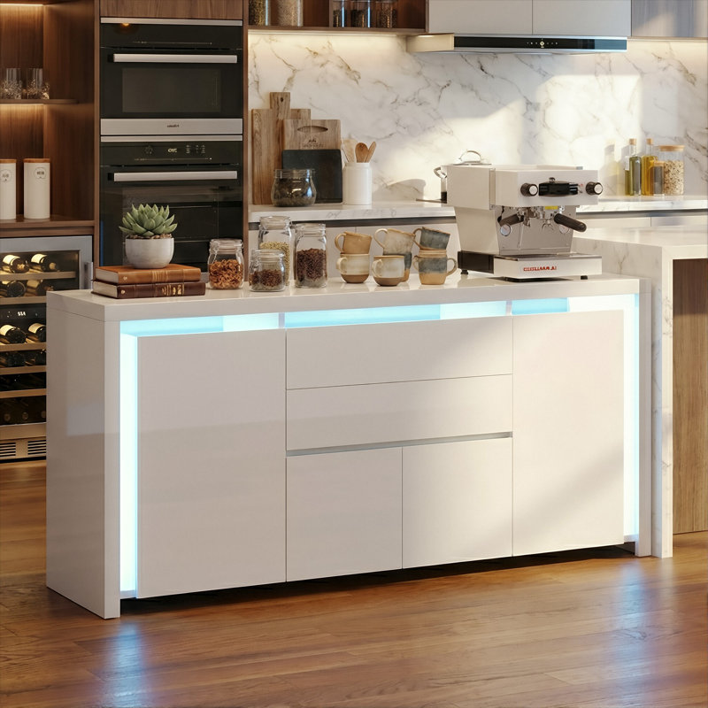 160Cm High Gloss Sideboard & TV Stand With LED, 4 Doors & 2 Drawers Storage Cabinet, Push-To-Open Minimalist Unit, White
