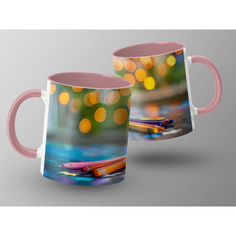 Kids Drawing Style 11oz Accent Mugs – Ceramic Coffee Cup with a Pink Handle and Interior