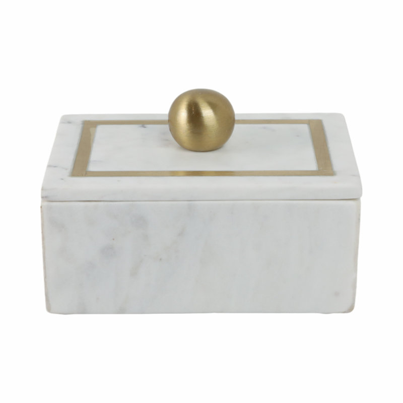 Elegant White Marble 7" x 5" Decorative Storage Box with Gold Knob