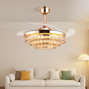 Ventilateur de plafond 47 po à 3 cercles invisibles en cristal avec télécommande et 4 pales rétractables pour ensemble de salle à manger