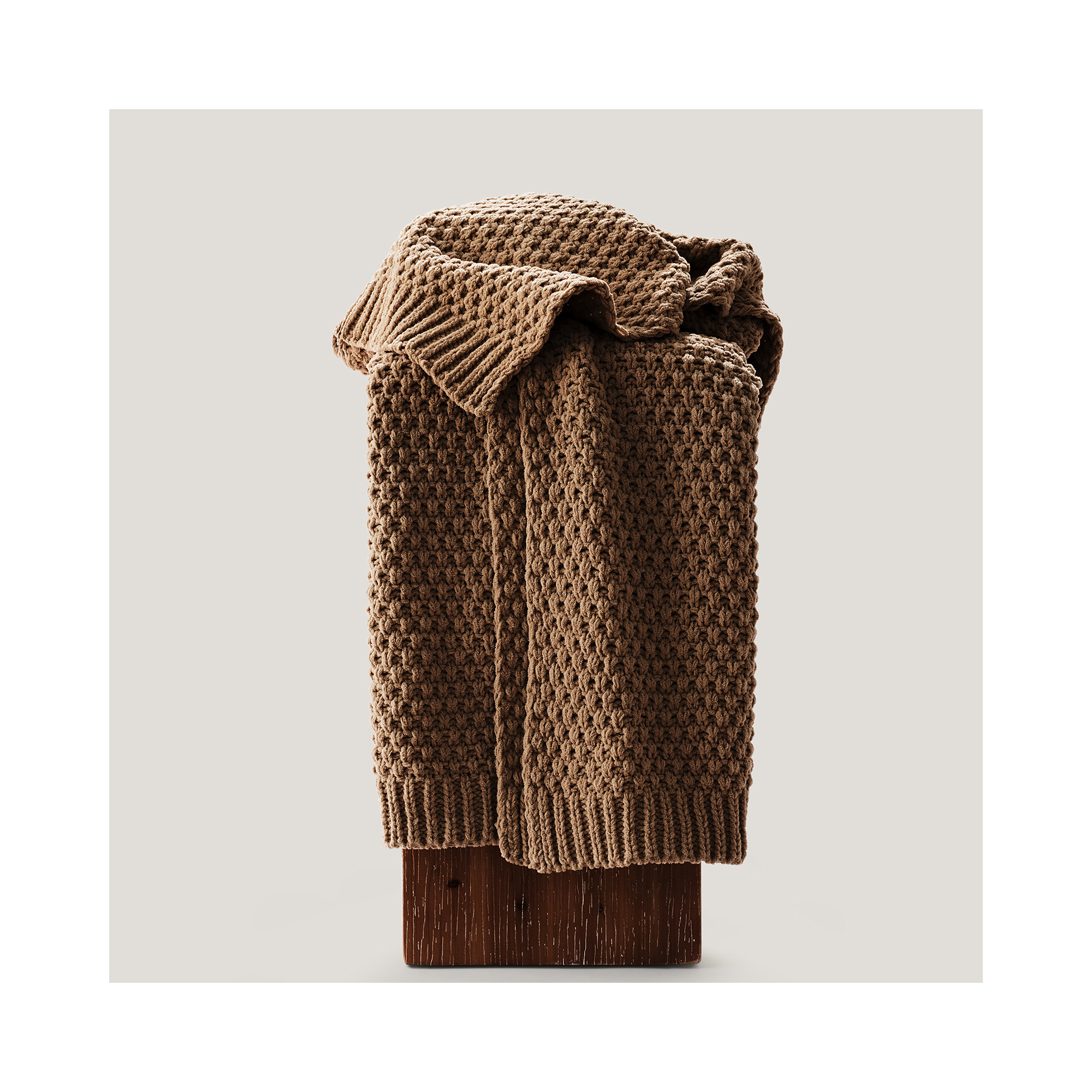 Chunky Chenille Knit Throw Blanket, Camel Brown, 80" L x 60" W