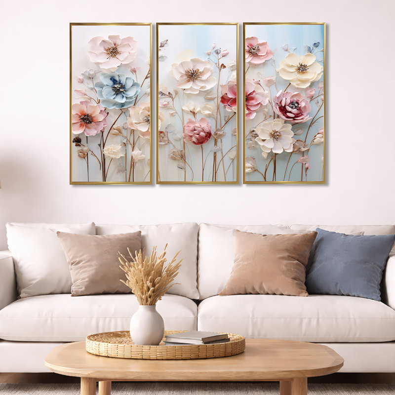 Blanc et rose, merveille florale - art mural floral, Cadre flottant doré, H 32 po x l 48 po x P 1 po