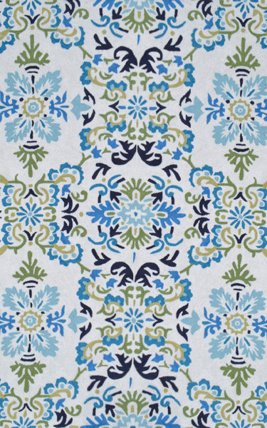 Tapis décoratif bleu/vert crocheté à la main ikat, Rectangle 8 pi x 10 pi
