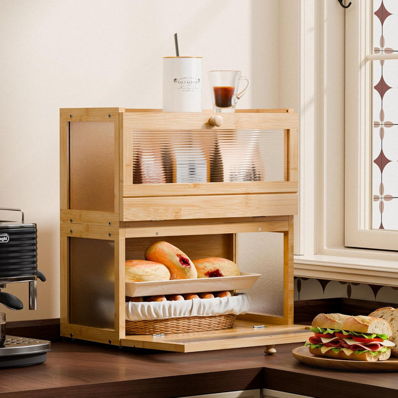 Boîte à pain empilable pour comptoir de cuisine, bac de rangement de pain en bambou à 2 niveaux pour les collations de boulangerie Boîte à pain de ferme avec fenêtre en acrylique pour armoire garde-manger