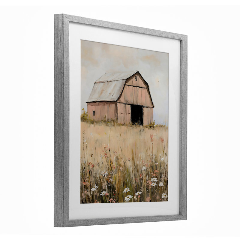 «Peachy Barn Landscape», reproduction encadrée sous verre, conception de Franklyn Gregory, Cadre de ferme gris