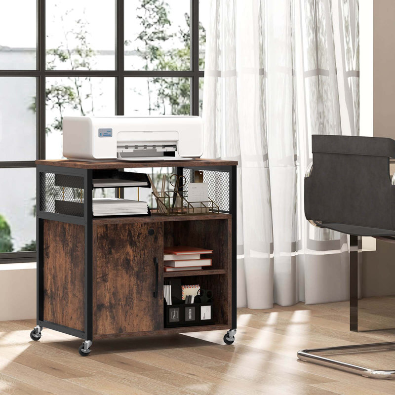 17 Storeys File Cabinet On Wheels With Charging Station & Cable Management Hole Shelves, Brown/Black