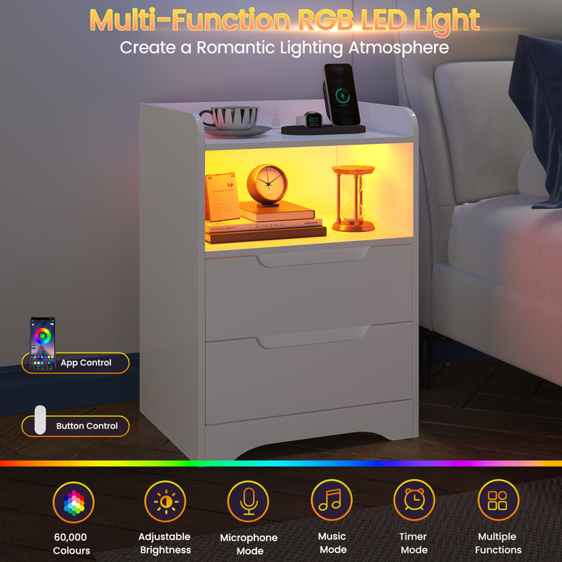 2 Drawer Bedside Table with Charging Station and LED Lights, LED Bedside Cabinets with 3-Sided Guard Rail for Bedroom, 35cm W Side Table