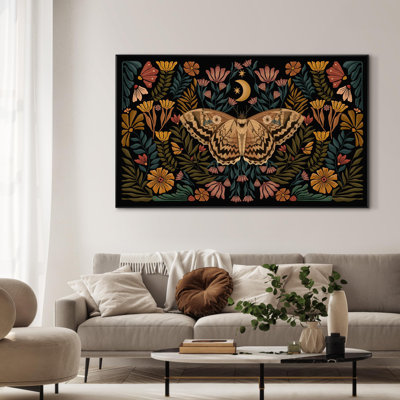 Extra Large Wall Art Fabric Print - Mystical Moth and Flowers with Moon Boho Art Artwork Decor for Living Room or Bedroom - "Frame Assembly Required (Unfinished Frame)"